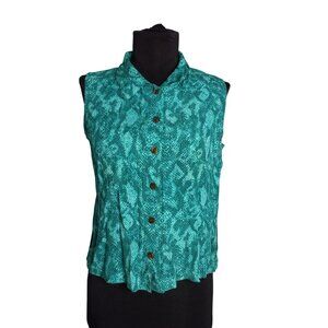 Carole Little Size M Blouse Womens Sleeveless Button Up Teal Snake Print Vintage